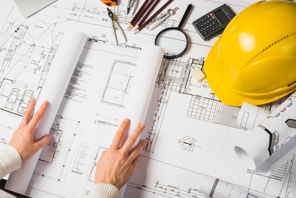 Projetos de planta sendo aberto sob uma mesa